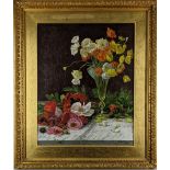 DORA GREEN oil on canvas - nasturtiums in a glass vase beside cut poppies on a marble table,