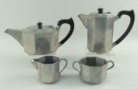 LIBERTY ARTS & CRAFTS PEWTER TEA SET, hammered octagonal form, ebonised handles and knops, base