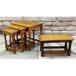 OAK OCCASIONAL TABLES comprising nest of three with barley twist legs and a low table or stool