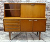 MID-CENTURY TEAK CABINET BY A. YOUNGER LTD. with open shelves, enclosed secretaire, drawers and