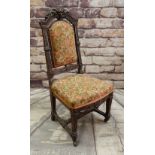 ANTIQUE CARVED OAK SIDE CHAIR, later floral upholstery