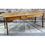 FRENCH FRUITWOOD COUNTRY KITCHEN / DINING TABLE, a boarded top with rounded corners on plain