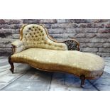 GOOD MID-VICTORIAN WALNUT SERPENTINE CHAISE LONGUE, carved and pierced back with button