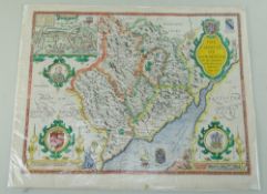 JOHN SPEED antique map of Monmouth (Bassett & Chiswell) 1676, modern coloured, 43 x 55cms, unframed