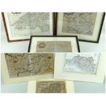 SIX ANTIQUARIAN WELSH MAPS, hand coloured engravings including Caermardy by Christopher Saxton