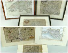 SIX ANTIQUARIAN WELSH MAPS, hand coloured engravings including Caermardy by Christopher Saxton