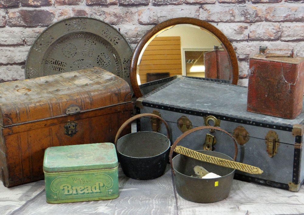 ASSORTED METALWARE including two travelling trunks, large cooking pans, vintage brass door furniture