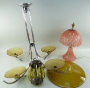 THREE CONTINENTAL LIGHTS, comprising a chrome and amber glass ceiling lamp with four branches,