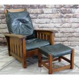 WARREN HILE OAK MISSION STYLE ARMCHAIR & STOOL, with slatted sides and reclining back, black leather