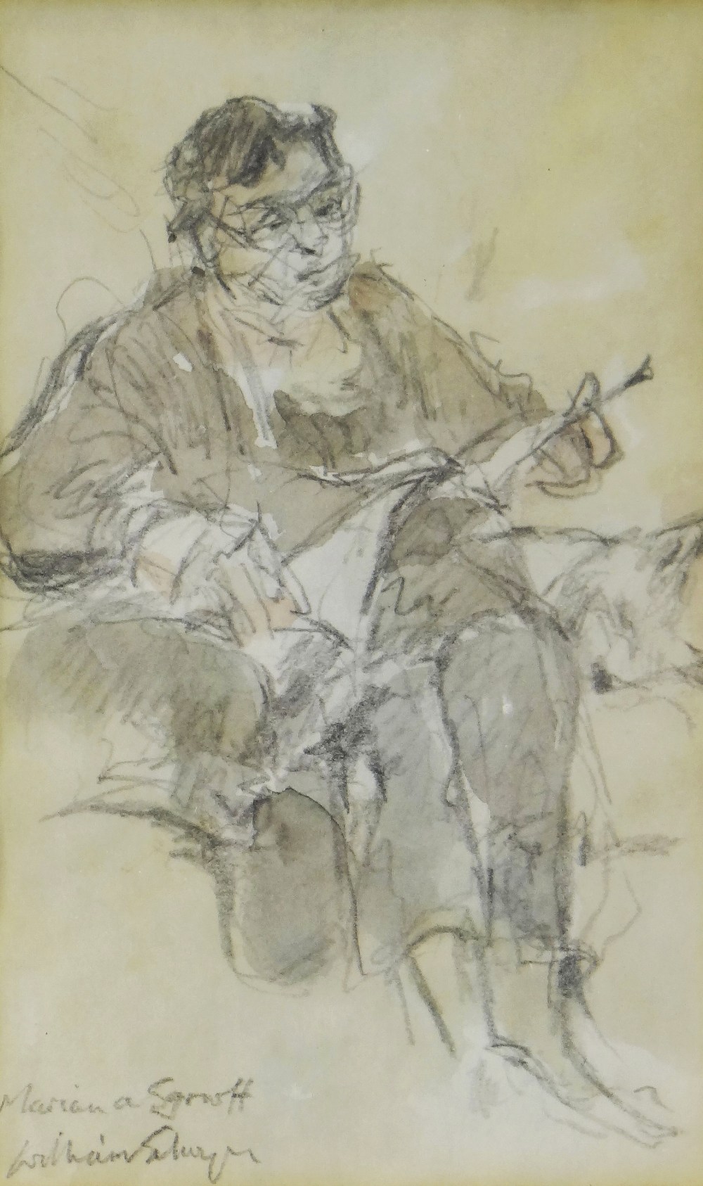 WILLIAM SELWYN pencil and colourwash - seated lady, entitled 'Marian a Sgrwff', signed, 20 x 13cms