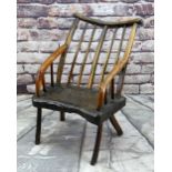 PRIMITIVE OAK & ASH ARMCHAIR, raked comb back with spindles and down-turned arms, thick