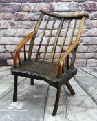 PRIMITIVE OAK & ASH ARMCHAIR, raked comb back with spindles and down-turned arms, thick