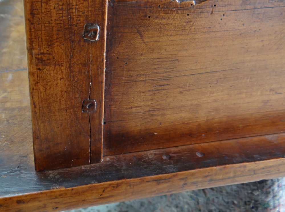 FRENCH FRUITWOOD COUNTRY KITCHEN / DINING TABLE, a boarded top with rounded corners on plain - Image 4 of 4