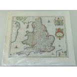 BLAUE antique map of Anglia Regnum, 1646, later coloured, 47.5 x 58cms, unframed