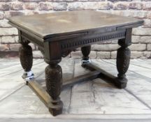 ELIZABETHAN-STYLE STAINED OAK DRAW LEAF DINING TABLE, 283cms long (extended))