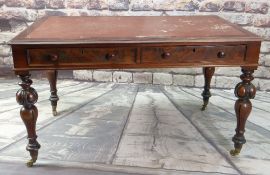 GOOD MID-VICTORIAN WALNUT LIBRARY TABLE, red leather-inset moulded top above two frieze drawers to