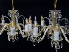 PAIR MODERN VICTORIAN-STYLE CUT GLASS 8-BRANCH CHANDELIERS, faceted drops and swags, 60cm diam. 30cm
