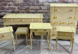 PAINTED STAG BEDROOM SUITE, comprising chest, 2 beside tables, dressing table and stool, and a