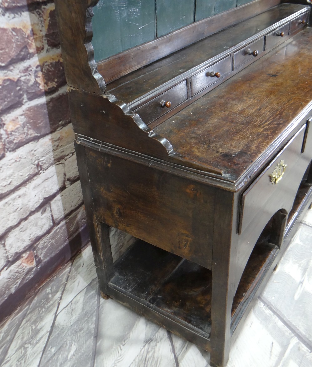 18TH CENTURY JOINED OAK WELSH DRESSER, probably Carmarthenshire, later painted boarded rack with - Image 3 of 9