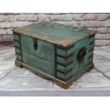 LARGE INDIAN TRUNK, with wrought iron straps, handles and clasp lock, painted green, 94 x 67 x 54cm