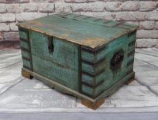 LARGE INDIAN TRUNK, with wrought iron straps, handles and clasp lock, painted green, 94 x 67 x 54cm