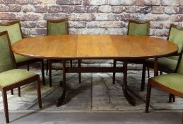 MID-CENTURY G-PLAN TEAK OVAL EXTENDING DINING TABLE & SIX CHAIRS, 208cms wide, chairs upholstered in