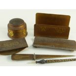 AMERICAN ARTS & CRAFTS SILVER CREST PATINATED BRONZE DESK SET, textured ground cast with styleised