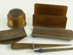 AMERICAN ARTS & CRAFTS SILVER CREST PATINATED BRONZE DESK SET, textured ground cast with styleised