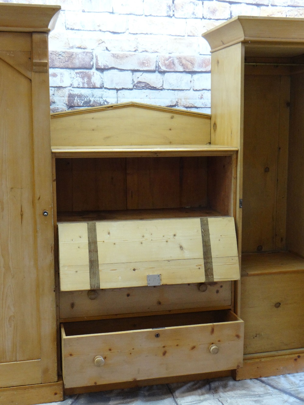 19TH CENTURY STRIPPED PINE COMPENDIUM WARDROBE, central chest section flanked by hanging cupboards - Image 2 of 2