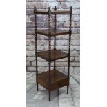 REPRODUCTION OAK FOUR-TIER WHATNOT with drawer base, tiers separated by bobbin turned uprights,