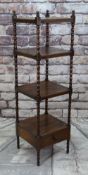 REPRODUCTION OAK FOUR-TIER WHATNOT with drawer base, tiers separated by bobbin turned uprights,