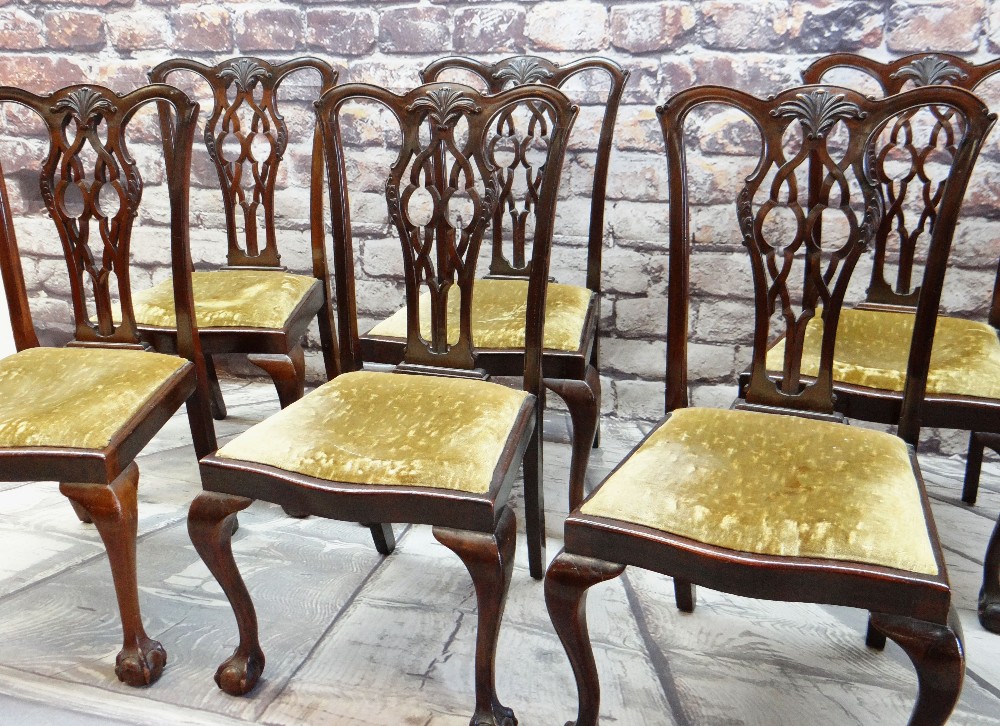 SET SIX GEORGIAN-STYLE MAHOGANY DINING CHAIRS, pierced splats, drop-in serpentine seats, claw and