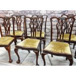 SET SIX GEORGIAN-STYLE MAHOGANY DINING CHAIRS, pierced splats, drop-in serpentine seats, claw and