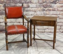 REPRODUCTION OAK ARMCHAIR & OAK SIDE TABLE, the chair upholstered in red leather (leather