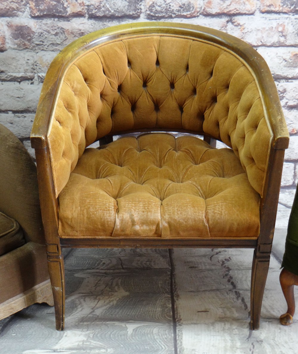 THREE VINTAGE EASY CHAIRS, two button-upholstered, the wingback with Arts & Crafts style carved feet - Image 3 of 4