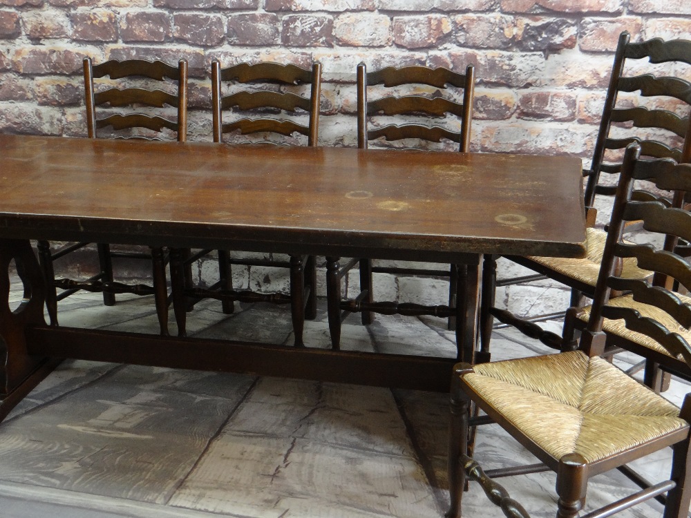REPRODUCTION OAK DINING TABLE & CHAIRS, table with trestle supports tied by bar stretcher, chairs of