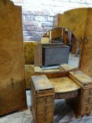 1930s BURR WALNUT BEDROOM SUITE, including pair of wardrobes, dressing table and single bed (4)