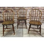 NEAR SET OF THREE 19TH CENTURY PROVINCIAL SPINDLEBACK CHAIRS, with bowed rails, turned legs and