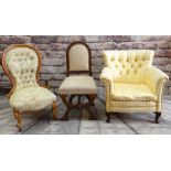 THREE UPHOLSTERED OCCASIONAL CHAIRS, including Victorian beech nursing chair, oak x-framed side