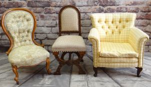 THREE UPHOLSTERED OCCASIONAL CHAIRS, including Victorian beech nursing chair, oak x-framed side