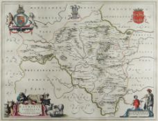JOHANNE BLAEU coloured antique map of Radnor Shire, 51 x 62cms, framed and glazed both sides