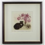 SHEILA STAFFORD limited edition (5/200) colour etching - titled in pencil 'Cat and Fritillaries',