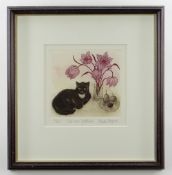 SHEILA STAFFORD limited edition (5/200) colour etching - titled in pencil 'Cat and Fritillaries',
