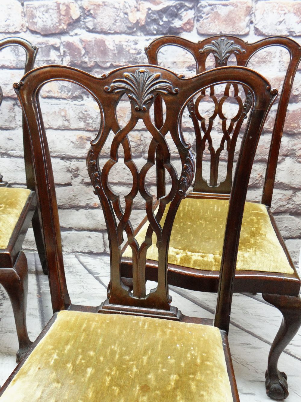 SET SIX GEORGIAN-STYLE MAHOGANY DINING CHAIRS, pierced splats, drop-in serpentine seats, claw and - Image 2 of 2