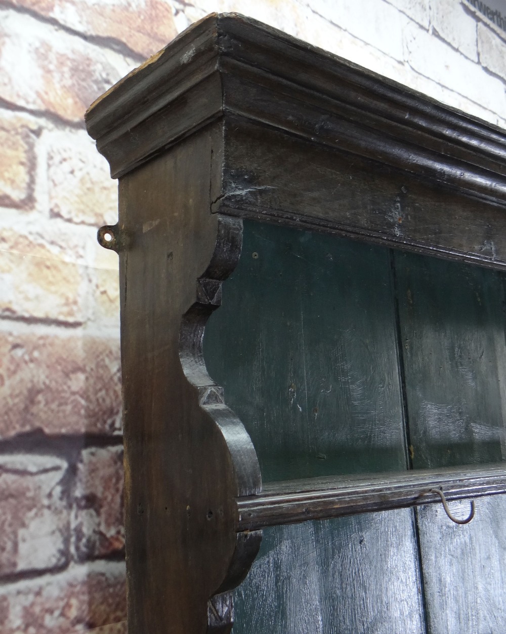 18TH CENTURY JOINED OAK WELSH DRESSER, probably Carmarthenshire, later painted boarded rack with - Image 4 of 9