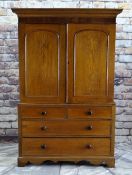 VICTORIAN OAK & MAHOGANY LINEN PRESS, ogee cornice and plain frieze above arched panelled doors,