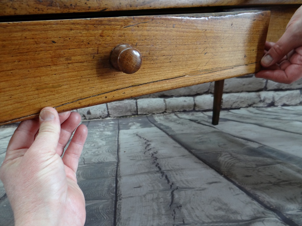 FRENCH FRUITWOOD COUNTRY KITCHEN / DINING TABLE, a boarded top with rounded corners on plain - Image 3 of 4