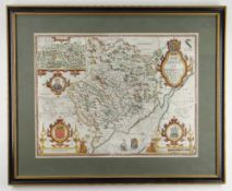 JOHN SPEED antique coloured map of 'Countye of Monmouth, 1676, 38 x 52cms, framed both sides