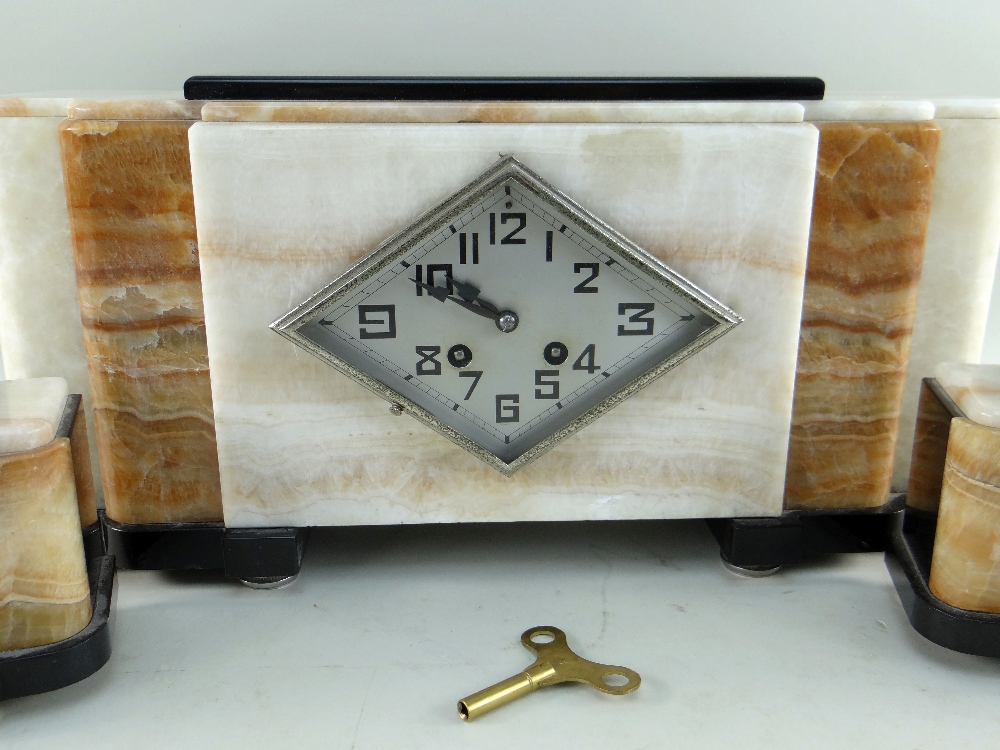 STYLISH FRENCH ART DECO CLOCK GARNITURE, F. Martin, Paris, 1900, marble and slate, with 8-day - Image 3 of 3