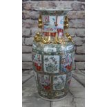 LARGE MODERN CHINESE CANTON FAMILLE ROSE FLOOR VASE, gilt handles, panels decorated with Manchu